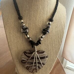 Elegant glass heart pendant  Black and Brown silver  Pendant Necklace